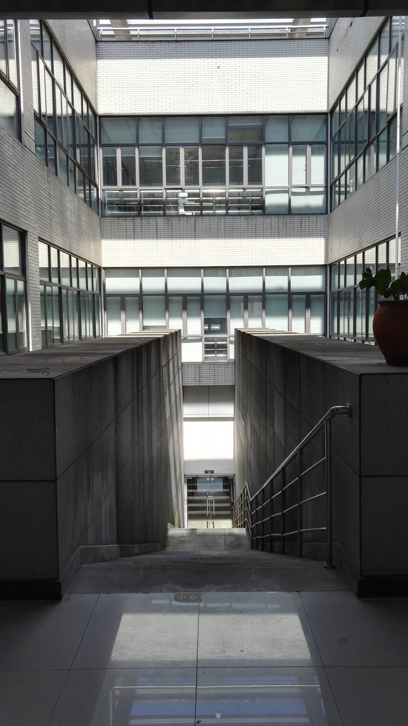 empty, flooring, library, building, railing, built structure, architecture, absence, tiled floor, ceiling, office building exterior, direction, no people