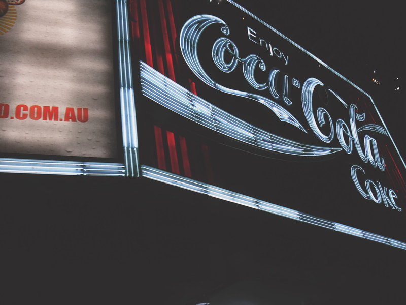 australia, commercial sign, capital letter, advertisment, night, light, illuminated, architecture, cocacola, guidance, 1080P, text, script, no people