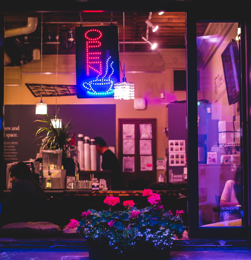flowering plant, cafe, colour, business, signage, culture, explore, hanged, plant, built structure, illuminated, sign, lighting equipment, gastown, cityscape