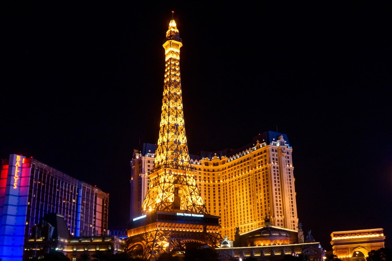 nighttime, gambling, night, resort, city, 4K, tourist attraction, tourism, low angle view, built structure, eiffel tower, lights, casinos, architecture