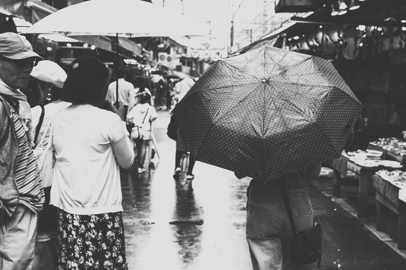 rain, water, lifestyles, city, incidental people, group of people, people, black and white, women, rear view, ueno, wet, straße, 2K, umbrella, walking