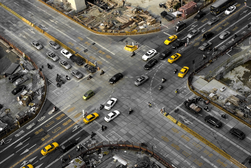 yellow, aerial view, gray, taxi, Taipei, urban, 4K, city, car, road, selective coloring, traffic, Taiwan