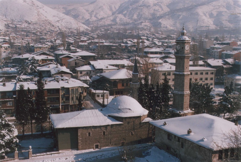snow, city, clock tower, residential district, no people, location, cityscape, building exterior, winter, landscape, house, mountains, mountain, Tokat