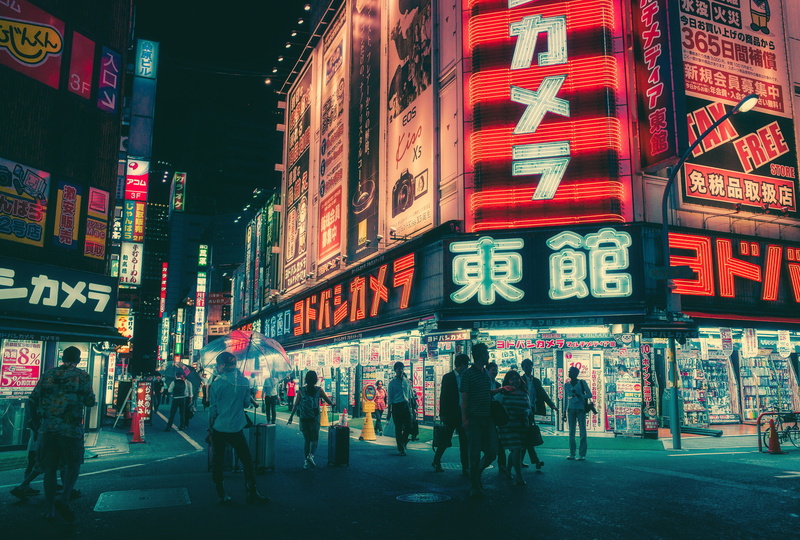 neon, street, communication, building exterior, 1080P, advertisement, night, building, crowd, city, non-western script, cityscape, commercial sign, text