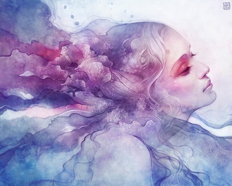 480P, abstract, beauty, Evanescence, nature, eyes closed, digital composite, anna dittmann, art, ethereal, fantasy, blue, luminos, pink, creativity, young adult