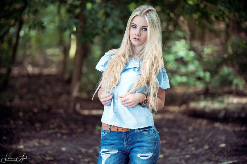 portrait, face, Ramon Laske, women, watermarked, bokeh, 1080P, model, forest, bare shoulders, blonde, long hair, blue eyes, looking at viewer, torn jeans