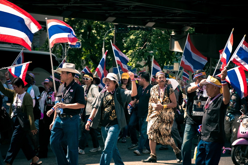 large group of people, bangkok, city, 1080P, street, lifestyles, protest, uniform, demonstration, outdoors, flag, crisis, architecture, arts culture and entertainment