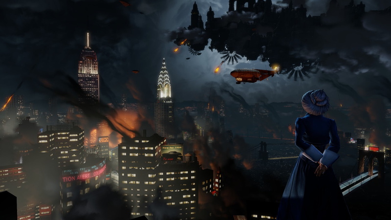 city life, BioShock Infinite, 1080P, office building exterior, skyscraper, modern, tower, architecture, illuminated, office, city, cityscape, outdoors
