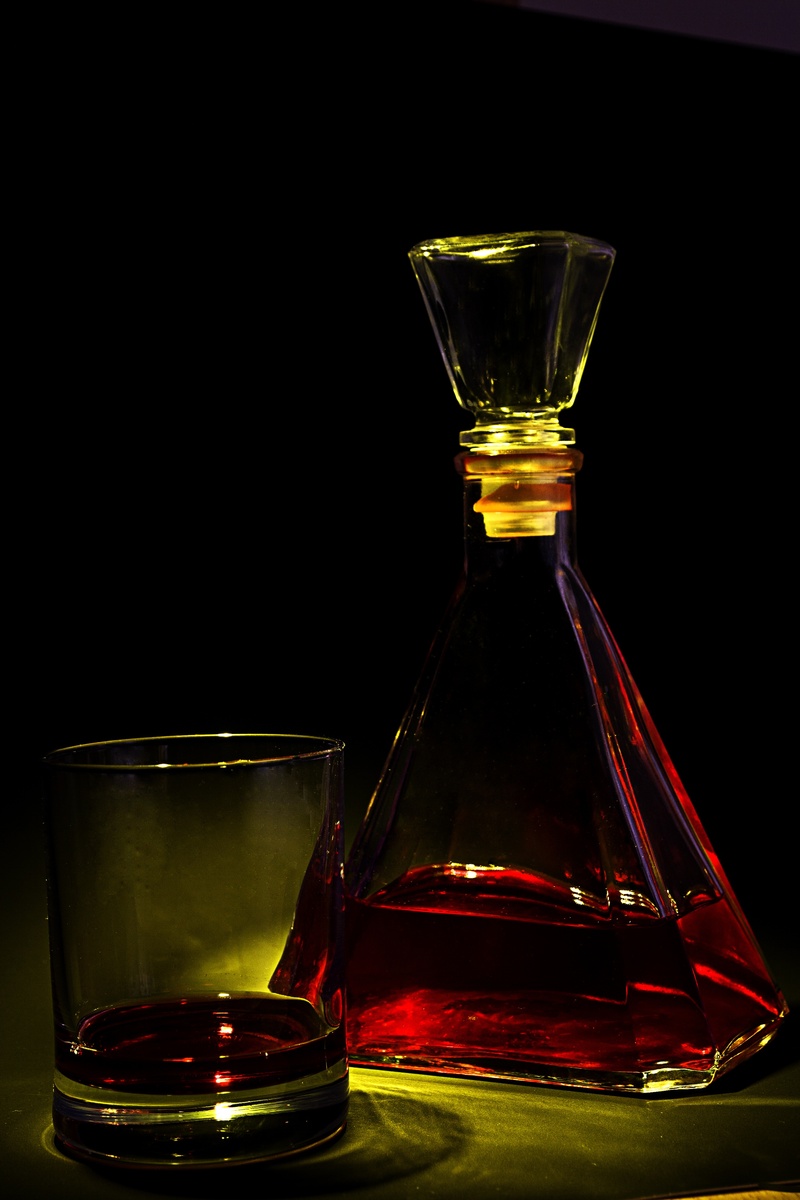 drink, glass, bottle, table, whiskey, refreshment, container, brandy, shot glass, 4K, bar, drinking glass, still life, transparent, food and drink, carafe