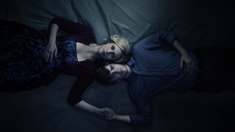 women, two people, heterosexual couple, waist up, bates motel, couple - relationship, lying down, dark, indoors, insomnia, bedroom, young women, young adult