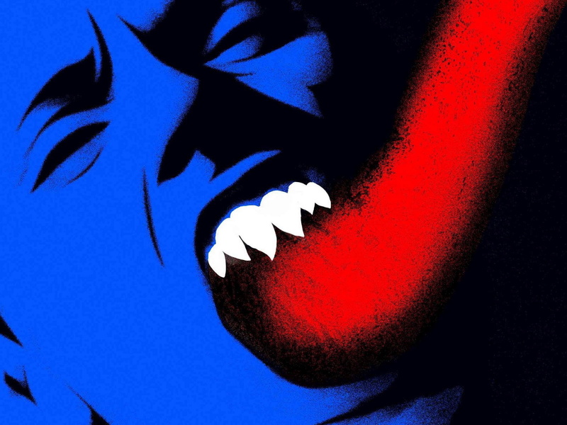 body part, human face, human teeth, series, red, human lips, close-up, aggression, fangs, art and craft, emotion, blue, sky, colored background, the strain