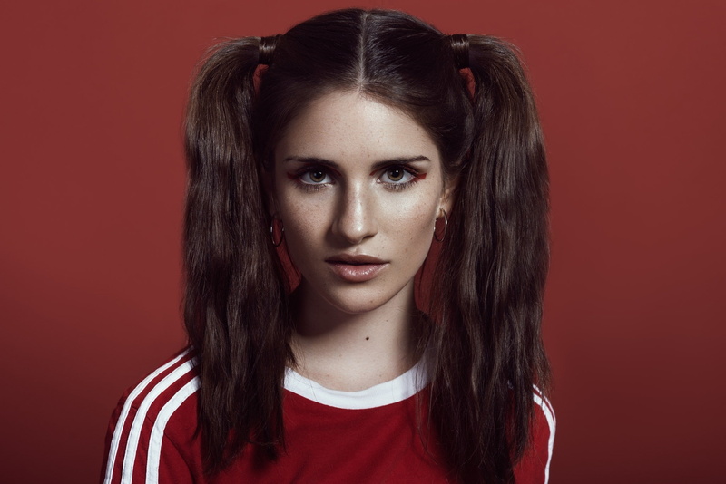 women, red background, 1080P, face, portrait, Luna Diaz, pigtails