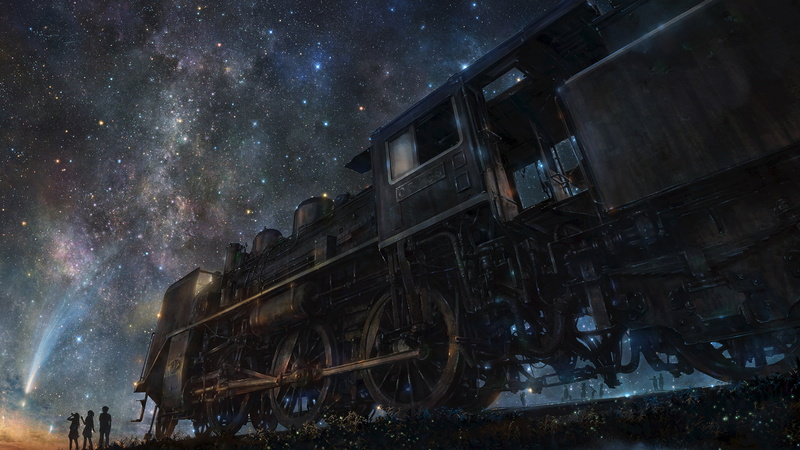 digital art, stars, 1080P, group of people, artwork, fantasy art, anime, train, railway, night, sky, space
