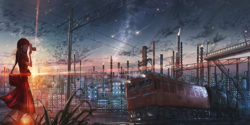 Shooting Star, Girl, Starry Sky, 2K, Anime, Camera, Train, Factory, Sunset, Original