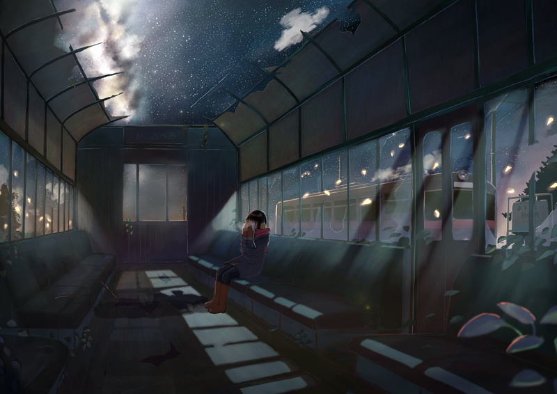 Night, Stars, Anime, Original, Starry Sky, Train, 2K, Girl