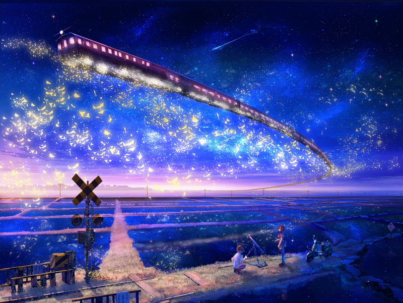 anime, skyscapes, boys, scenic, 2K, girls, railway, stars, trains, telescope, scooters