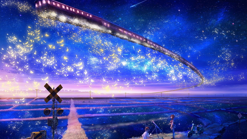 purple, leisure activity, blue, water, real people, full length, stars, adult, anime, silhouette, sky, Train, 1080P, illuminated, artwork, digital composite
