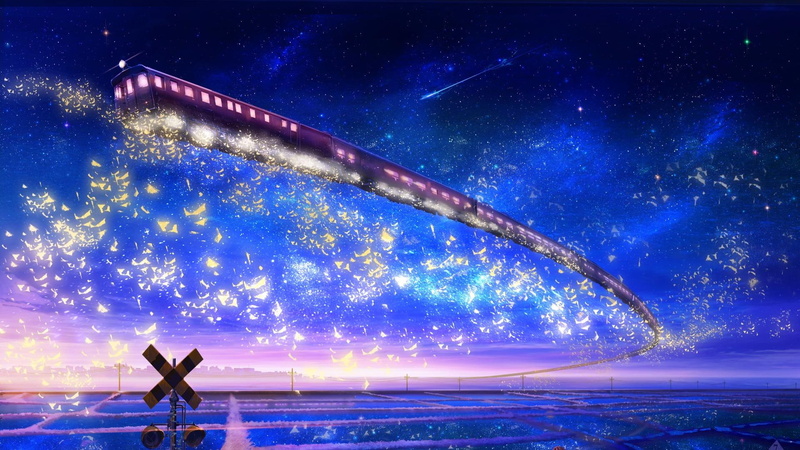 stars, scenery, blue, 1080P, track, flying, artwork, space, fantasy art, night, train, anime art