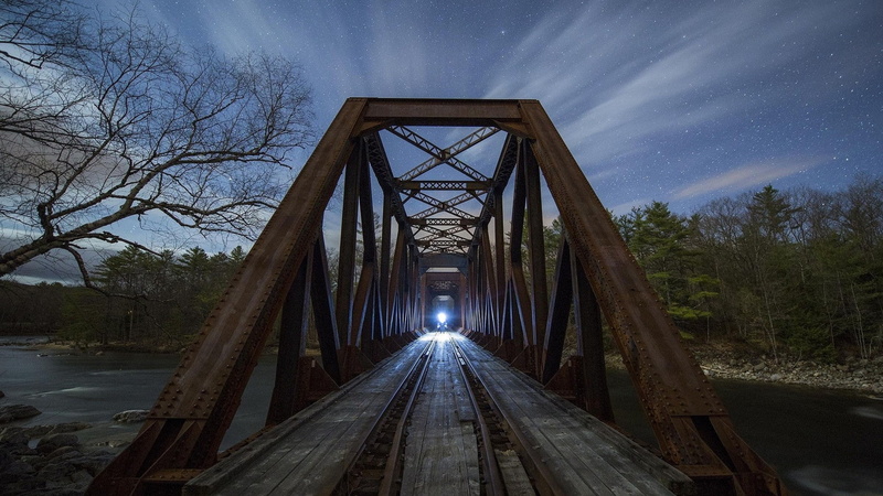 Lights, Long Exposure, stars, Train, forest, Stones, Railway, clouds, nature, river, landscape, bridge, night, Trees, 1080P