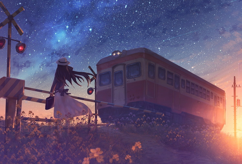 Anime, Original, Shooting Star, Starry Sky, Sunset, 1080P, Train, Girl