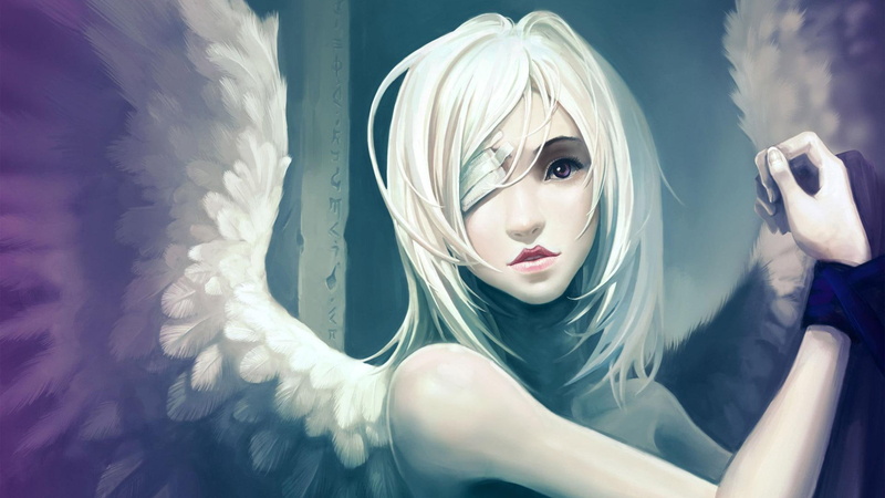 1080P, anime, female, woman, character, wing, hurt, haired, white, eye patch, 1920x1080, angel, wings
