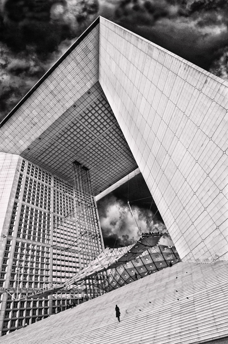 sky, solitude, low angle view, grande arche, angoisse, building, office building exterior, nature, modern, skyscraper, travel destinations, city, tourism