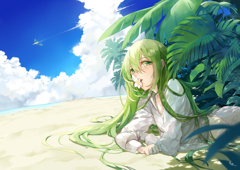 Enkidu (FGO), dappled sunlight, anime, blushing, FGO, open mouth, clear sky, curvy, long hair, Fate/Grand Order, arched back, anime boys, plants, green hair