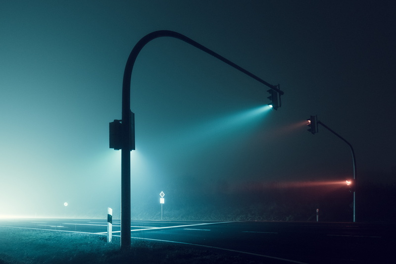 Road, Foggy night, HD, Traffic lights, 2K
