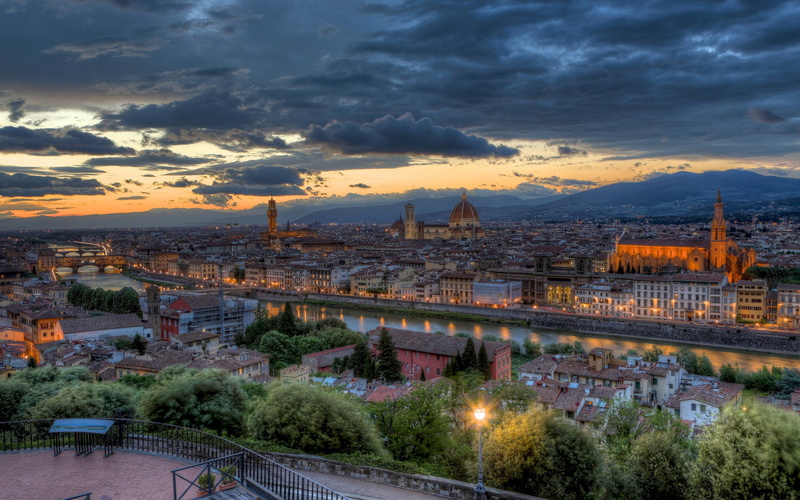 river, sunset, architecture, italy, florence, city, 1080P, cityscape, bridge