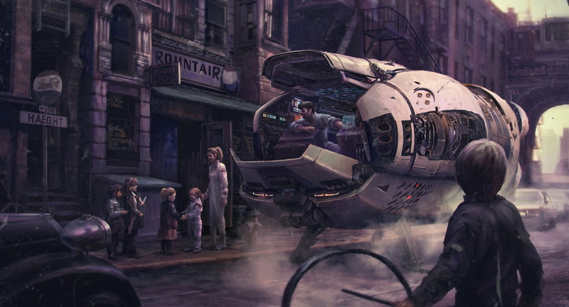 concept art, science fiction, standard, building, sign, day, text, mode of transportation, group of people, men, city life, real people, rain, built structure