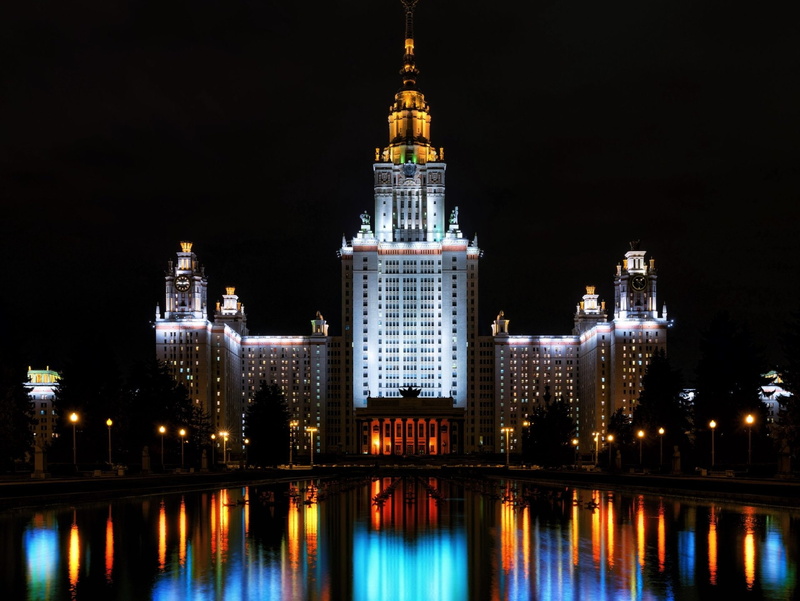 Cities, Reflection, Russia, Building, 1080P, Moscow, Moscow State University, Night