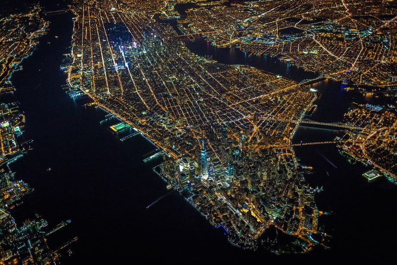 city lights, Manhattan, 1080P, New York City, aerial view, city