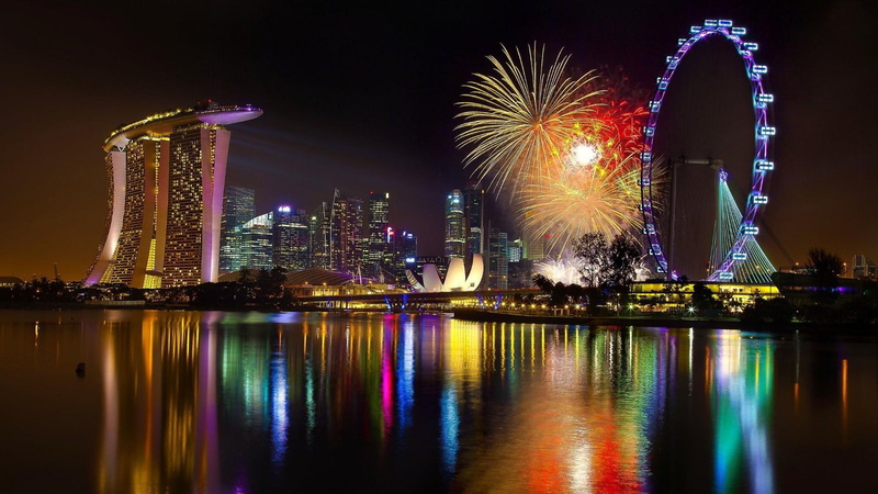 singapore, lights, water, buildings, city, skyscaper, nightlife, sky, 1080P, night-time, tower, night
