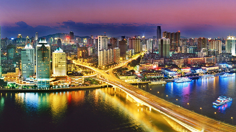 illuminated, water, landscape, China, city, building, light trail, city life, bay, urban skyline, Urban, Guangzhou, travel destinations, cityscape, built structure