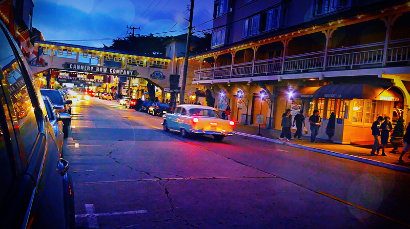 motion, dusk, incidental people, travel destinations, united states, nightlife, fifties, cannery row, travel, mode of transportation, built structure, chevy
