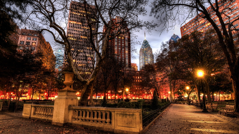 park, philadelphia, rittenhouse square, liberty place, downtown, square, metropolis, city lights, usa, city, one and two liberty place, skyscrapers, pennsylvania