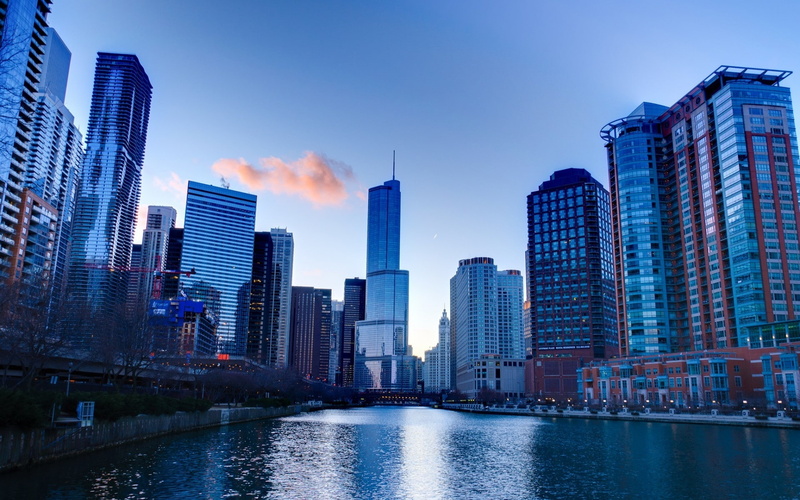 high, Chicago, buildings, 1080P, landscape, rise, Illinois, morning, river, concrete