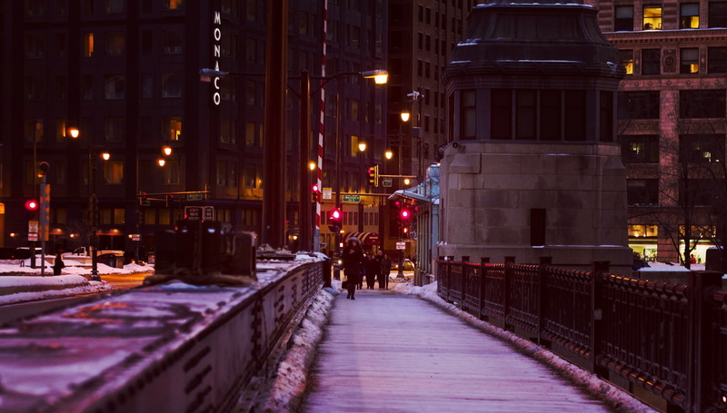 1080P, Chicago, building, winter, Night, people, city, Illinois, lights, bridge, snow