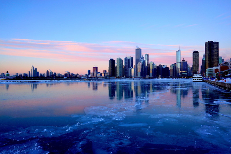 Skyscrapers, the river, the city, skycapers, Night, 1080P, Chicago, ice, Illinois, winter
