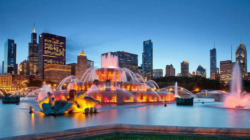 travel destinations, cityscape, sears, night, tower, sky, illuminated, modern, fountain, landscape, building, outdoors, architecture, building exterior