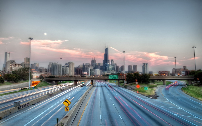 multiple Lane Highway, sunset, tower, hdr, dusk, architecture, illuminated, urban Scene, speed, cityscape, chicago, mode of transportation, city Life, highway