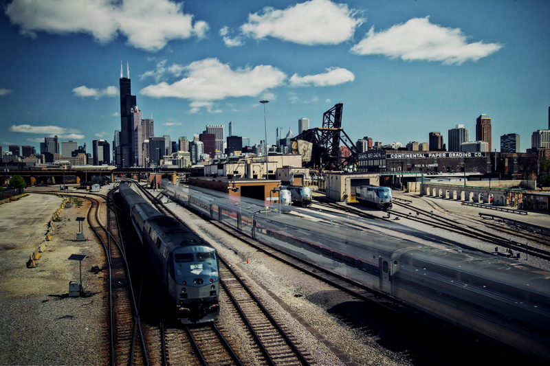1080P, Illinois, Skyscrapers, railway, Chicago, clouds, train, city