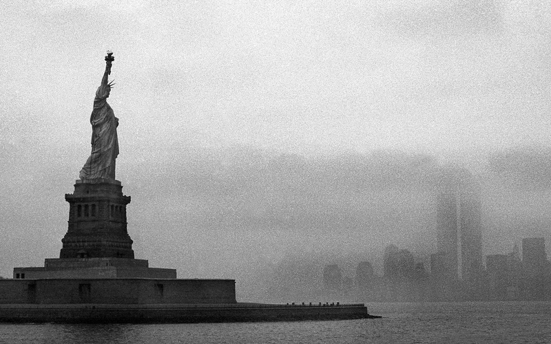 twin, 2K, towers, architecture, liberty, bw, hd, statue
