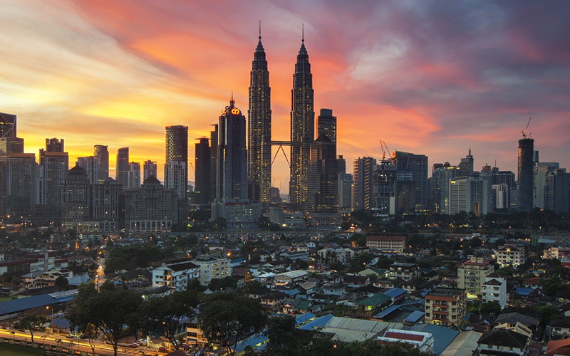 building, modern, built structure, towers, malaysia, office building exterior, landscape, tall - high, building exterior, crowd, sunset, outdoors, crowded