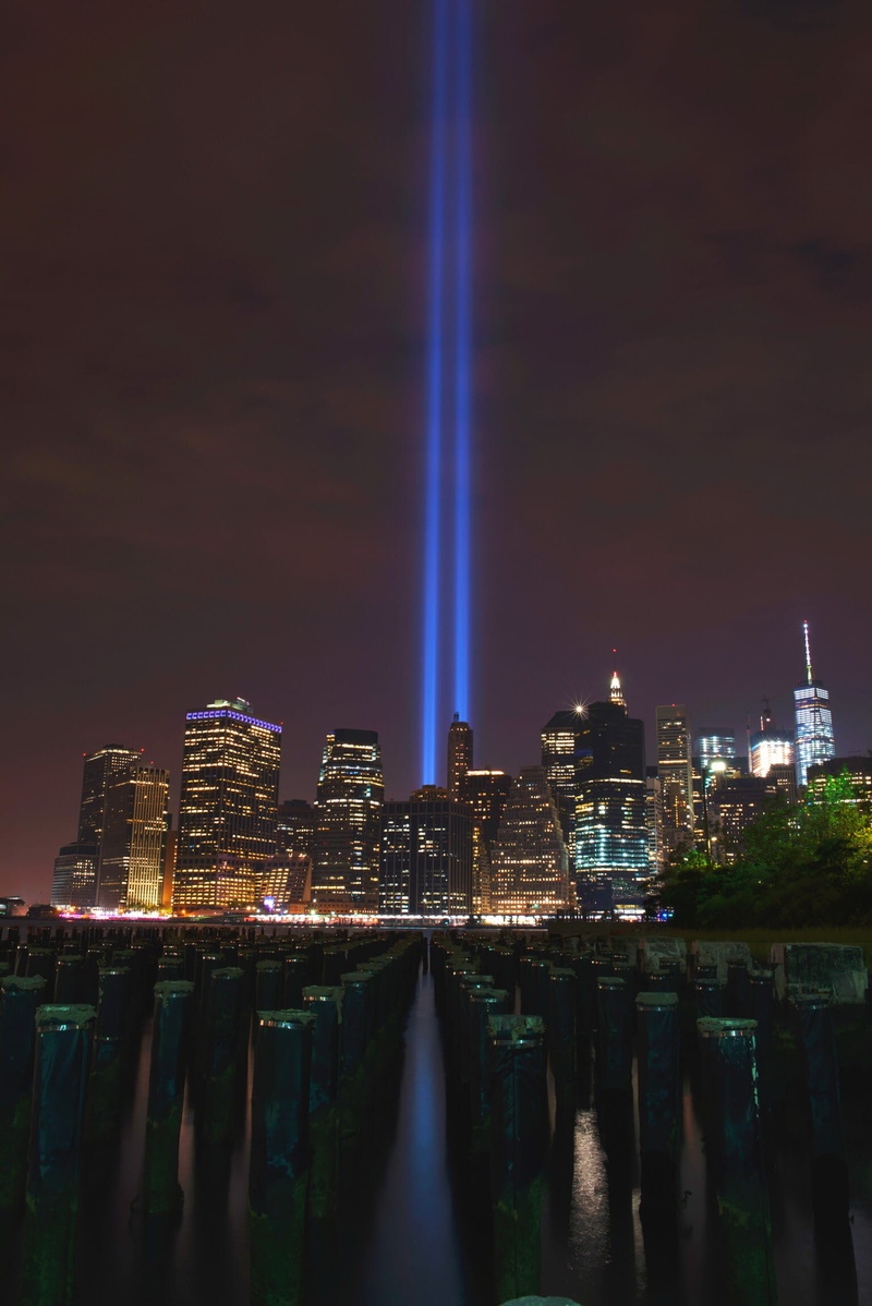 building, skyline, river, night, modern, light painting, united states, wall street, world trade center, built structure, memorial, ny, city, pier, architecture