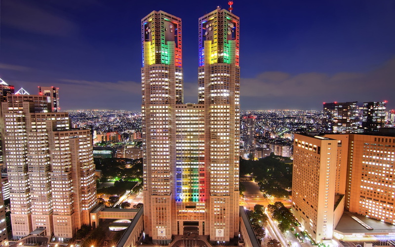 tower, white, rise, Night, Lights, high, Tokyo, Skyscrapers, City, 1080P, twin, Japan, Metropolis