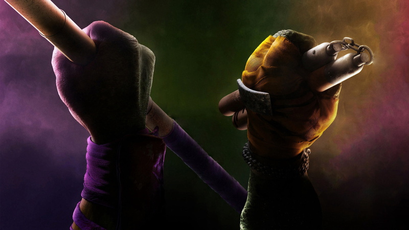 focus on foreground, human Hand, character, teenage mutant ninja turtles, anger, donatello, game, black Color, waist up, males, gesturing, holding, women