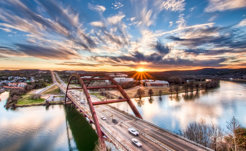 sunset, nature, transportation, sky, red, gray, scenics - nature, bridge - man made structure, architecture, built structure, concrete, austin, sunlight