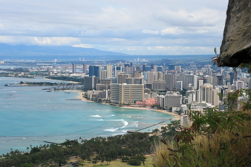 hawaii, waikiki beach, cityscape, nature, day, sea, bay, diamond head, high angle view, sand, view, skyscraper, land, building, honolulu, outdoors, oahu