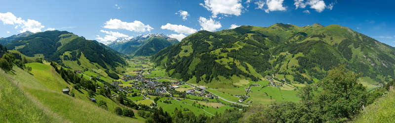 Austrian, photography, panoramic, Alps, View, green, Houses, Mountains, Village, Top, mountain, Trees, 4K